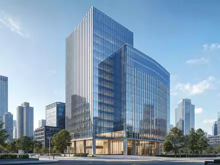 Sofina S.A. (BE0003717312) veranschaulicht modernes gläsernes Hochhaus als Architektur-Render im urbanen Finanzviertel bei Tag - Foto: THN