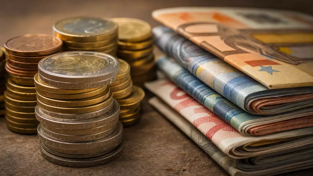 Makroaufnahme gestapelter Euro-Münzen neben gefalteten Banknoten mit feinen Details