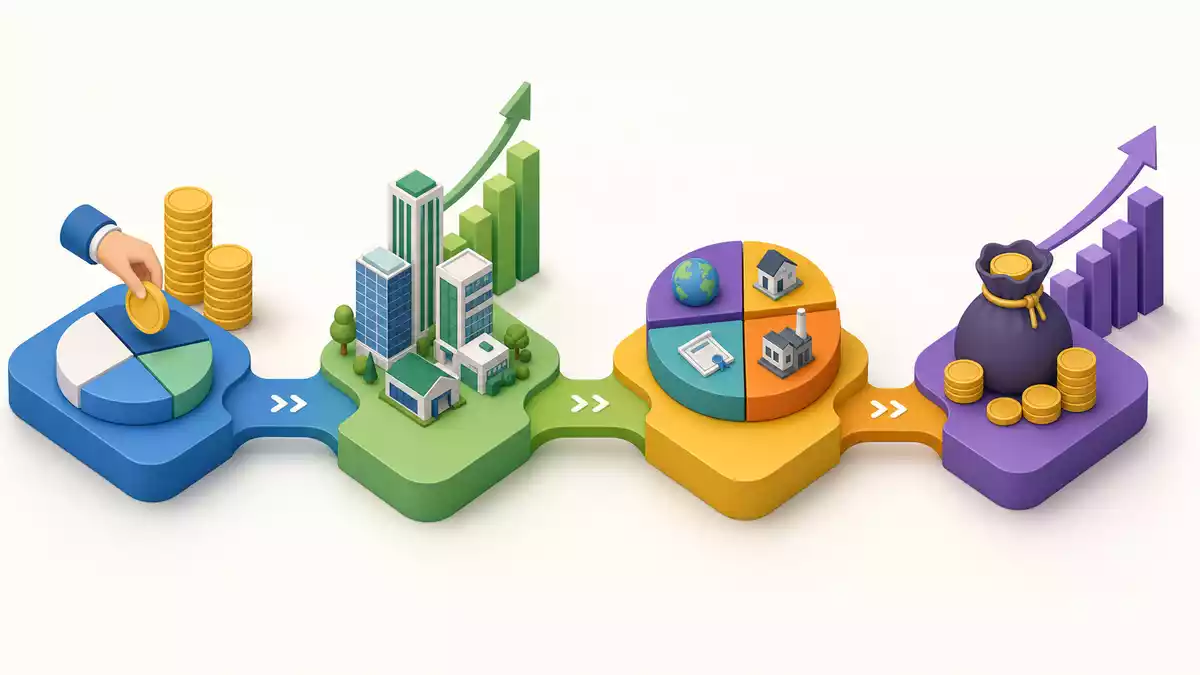 Isometrische 3D-Grafik einer Investment-Wertschöpfungskette mit Symbolen und Pfeilen