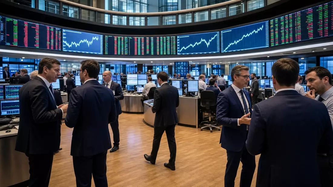 Trading-Floor mit großen Bildschirmen und Analysten in Businesskleidung an Finanzbörse