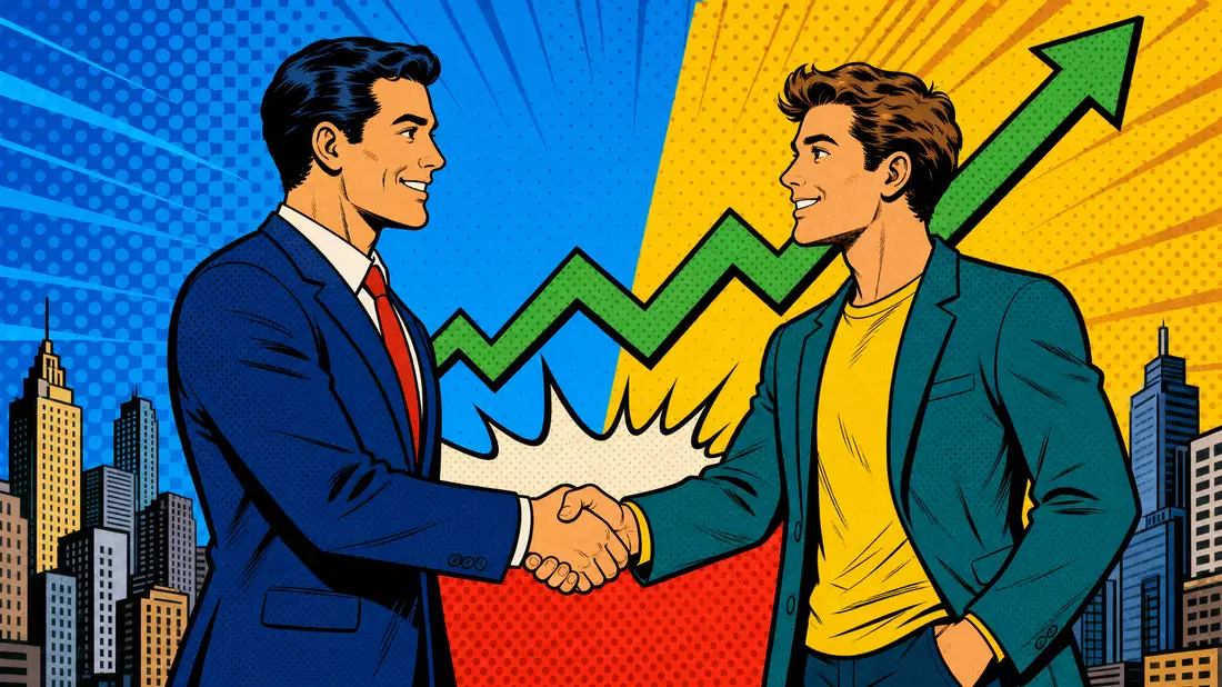 Bunte Pop-Art-Comic-Illustration mit Handschlag und ansteigendem Kurschart im Hintergrund