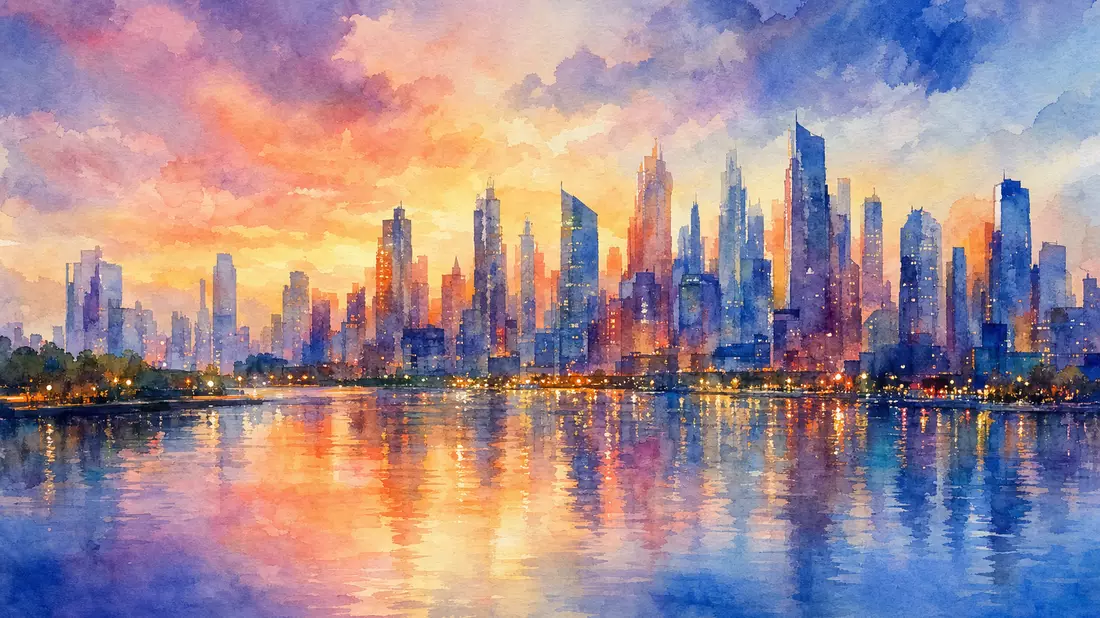 Aquarellmalerei einer generischen Skyline bei Sonnenuntergang mit Spiegelung im Wasser