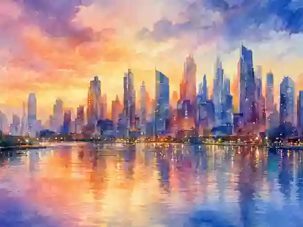 Northern Trust Corp., ISIN US6658591044, symbolisiert durch Aquarellgemälde einer generischen Großstadt-Skyline am Fluss - Foto: THN