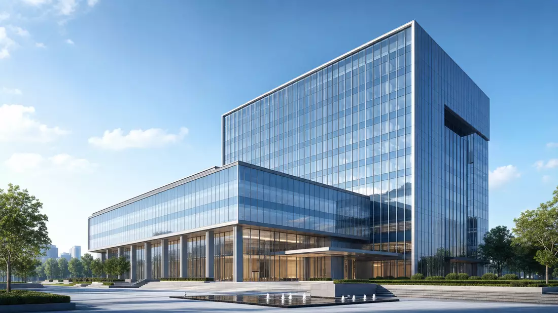 Architekturvisualisierung eines modernen gläsernen Bürohochhauses mit klaren geometrischen Linien