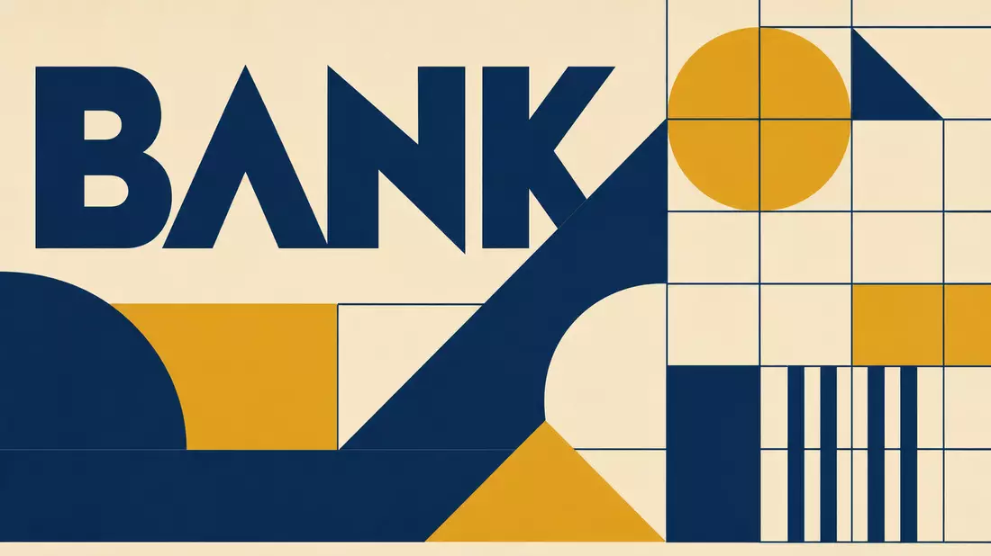 Bauhaus-Grafikposter mit geometrischen Formen in Blau und Gelb und dem Schriftzug BANK