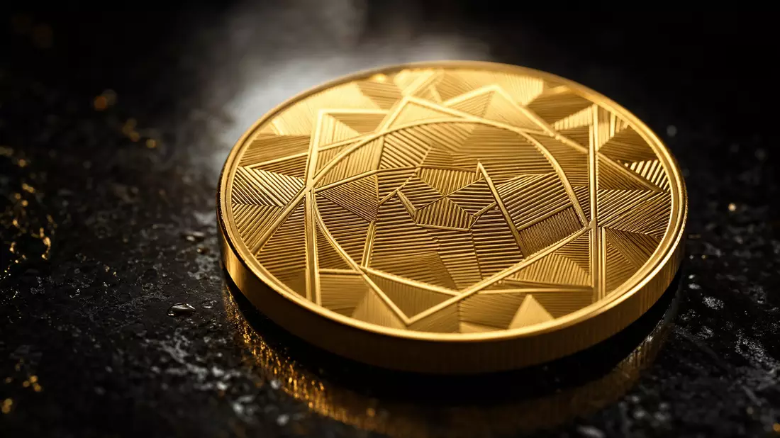 Extreme Makroaufnahme einer glänzenden goldenen Münze mit geometrischem Muster
