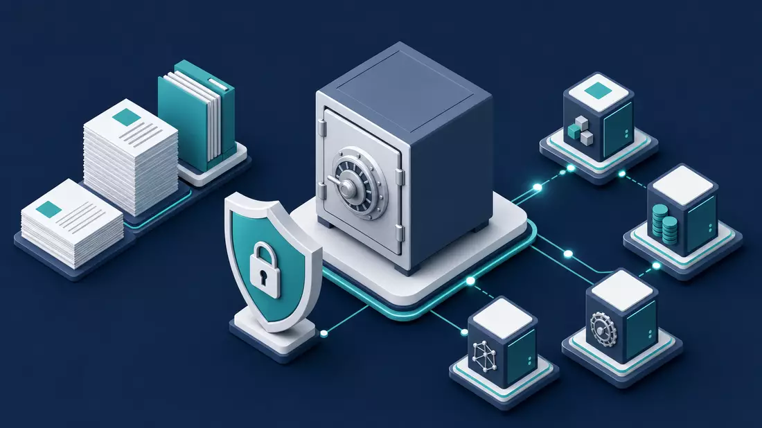 Isometrische 3D-Illustration mit Tresor, Schild-Symbol und vernetzten Datenknoten