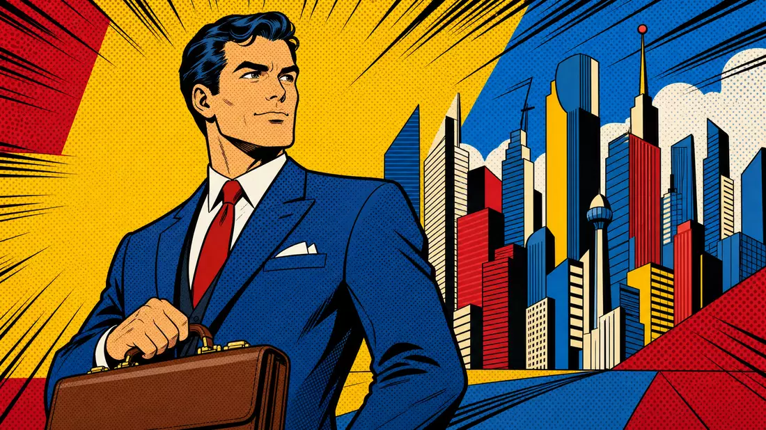 Pop-Art-Comicillustration eines Bankers mit Aktentasche vor bunter erfundener Stadtskyline