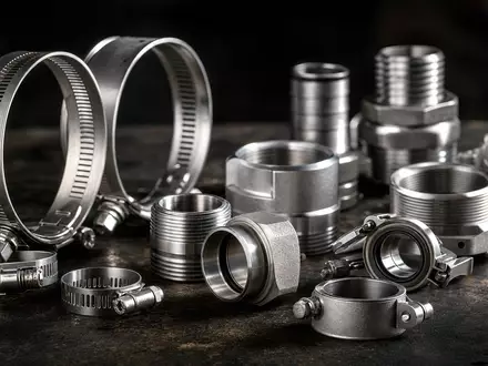 Norma Group DE000A1H8BV3 zeigt metallische Schlauchschellen und Kupplungen in fotorealistischer Nahaufnahme auf Werkbank - Foto: THN
