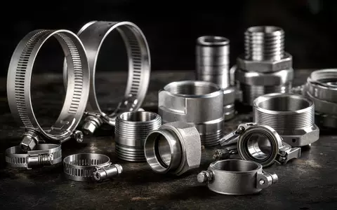 Norma Group DE000A1H8BV3 zeigt metallische Schlauchschellen und Kupplungen in fotorealistischer Nahaufnahme auf Werkbank - Foto: THN