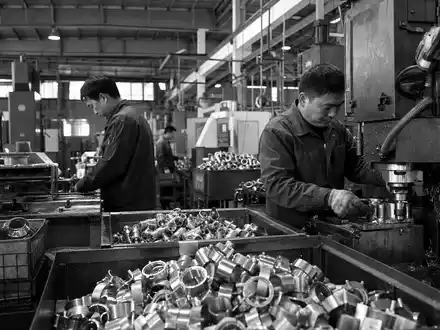 Norma Group DE000A1H8BV3 dargestellt als Schwarz-Weiß-Reportage aus einer deutschen Fabrikproduktion für Verbindungstechnik-Bauteile - Foto: THN