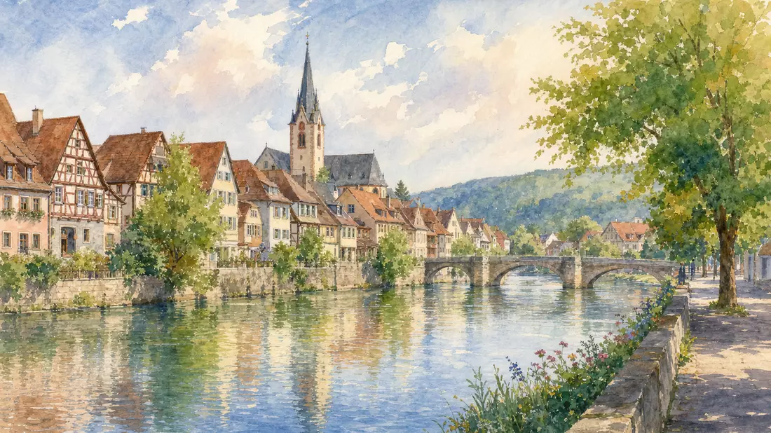 Aquarellmalerei einer deutschen Flussstadt mit Fachwerkhäusern und Kirchturm