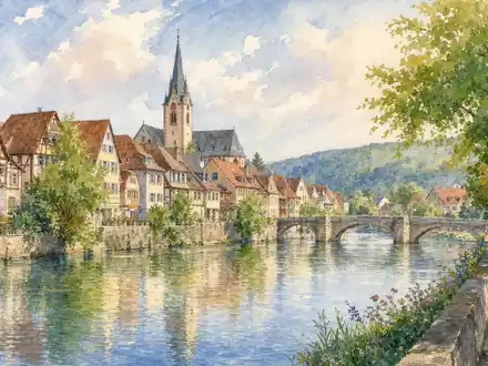 Norma Group DE000A1H8BV3 symbolisiert durch eine Aquarell-Stadtansicht einer malerischen deutschen Kleinstadt am Fluss Maintal - Foto: THN