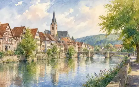 Norma Group DE000A1H8BV3 symbolisiert durch eine Aquarell-Stadtansicht einer malerischen deutschen Kleinstadt am Fluss Maintal - Foto: THN