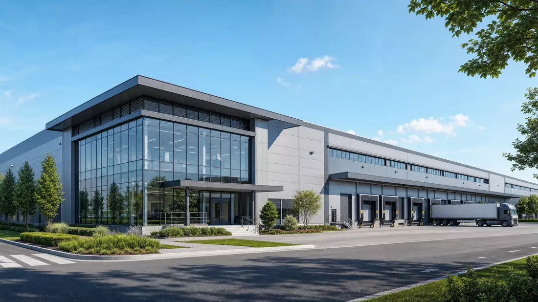 Architekturvisualisierung einer modernen Industrieanlage mit Glasfassade und Laderampen