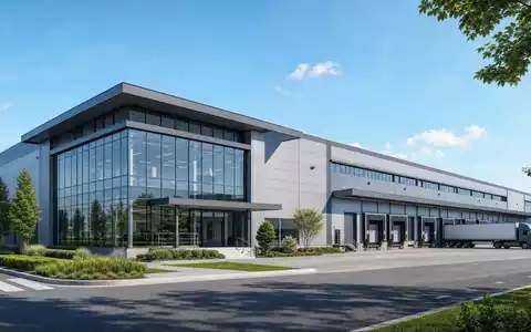 Norma Group DE000A1H8BV3 illustriert durch ein Architektur-Rendering eines modernen unbeschrifteten Industriewerks mit Glasfassade - Foto: THN