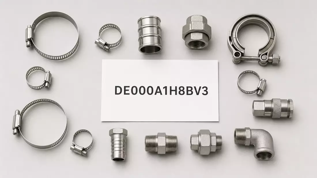 Flatlay mit ISIN-Karte umgeben von Metallschellen und Rohrkupplungen auf grauem Untergrund