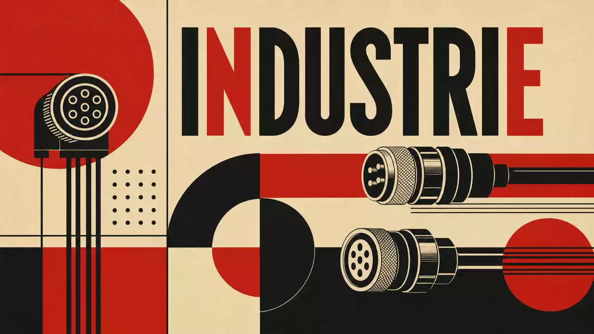 Bauhaus-Poster mit geometrischen Formen, Steckverbindern und dem Wort INDUSTRIE