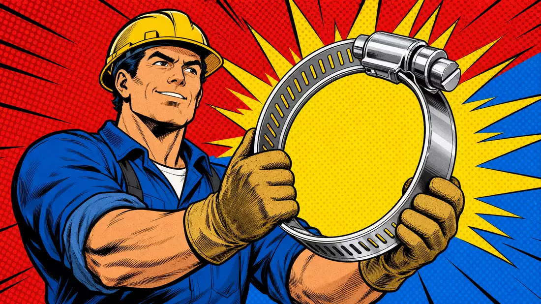 Pop-Art-Comic-Illustration eines Arbeiters mit einer großen Metallschelle vor Halbtonmuster