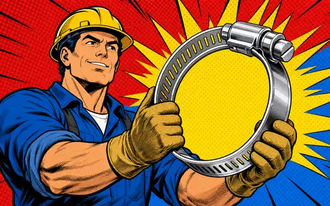 Norma Group DE000A1H8BV3 kreativ interpretiert als Pop-Art-Comic mit Arbeiter und riesiger Metallschelle - Foto: THN