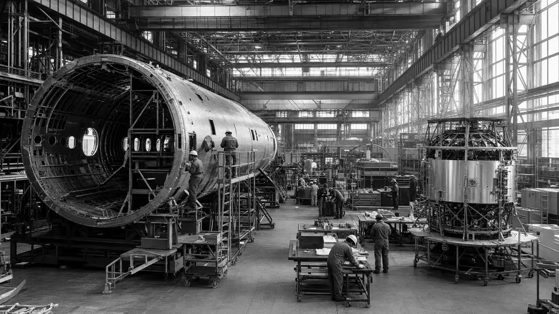 Schwarz-Weiß-Aufnahme einer Flugzeugmontagehalle mit Arbeitern