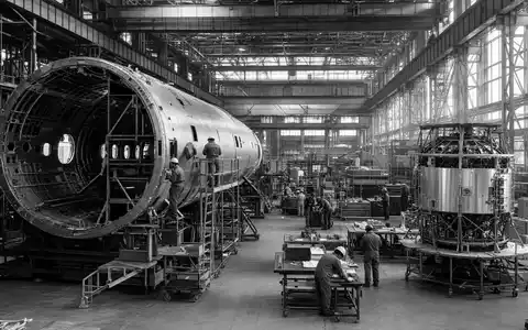 Northrop Grumman US6668071029 dokumentiert eine Schwarz-Weiß-Reportage einer großen Werkhalle mit Rumpfmontage und vielen Arbeitern - Foto: THN