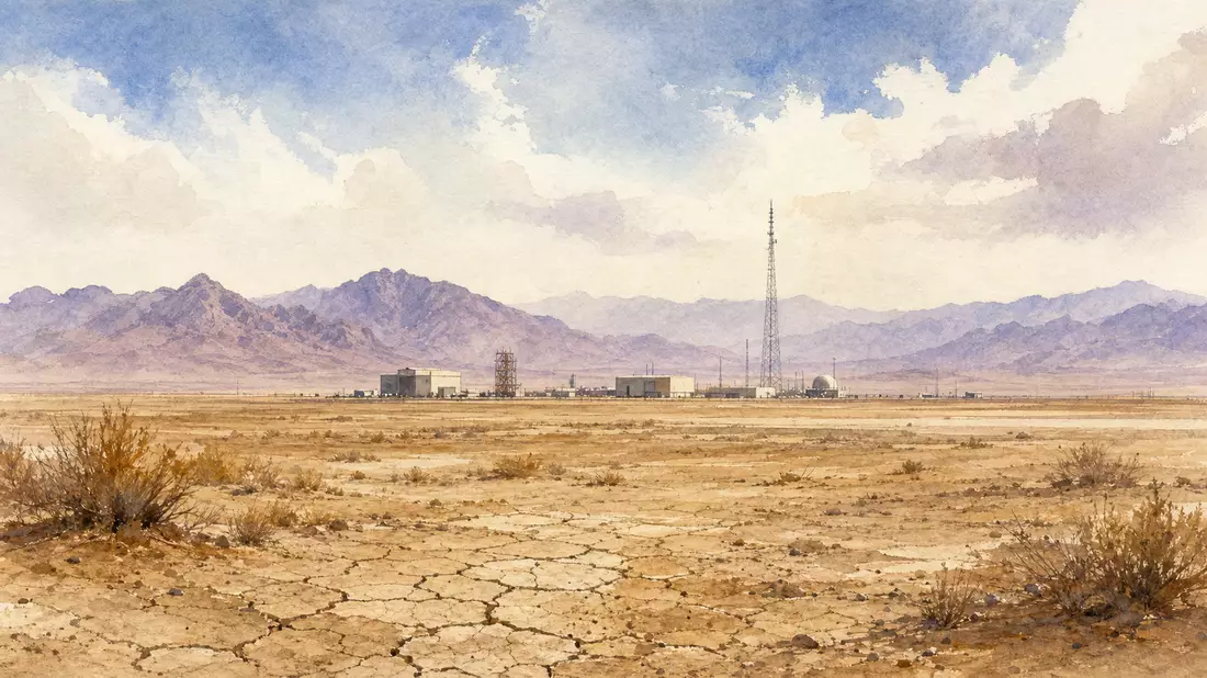 Aquarellbild eines Testgeländes in der Wüste mit Antennenmast