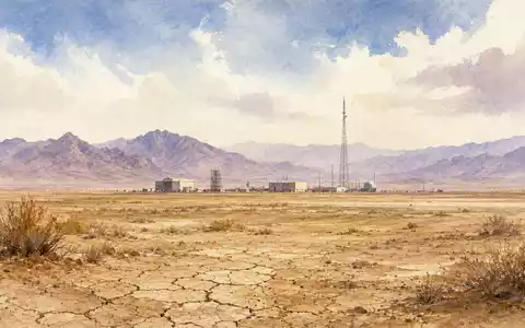 Northrop Grumman US6668071029 illustriert eine ruhige Aquarellmalerei eines abgelegenen Wüstentestgeländes mit Antennenmast und Gebäuden - Foto: THN