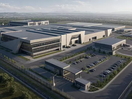 Northrop Grumman US6668071029 präsentiert ein modernes Architektur-Rendering eines weitläufigen Rüstungswerks mit Sicherheitszaun und Parkplätzen - Foto: THN