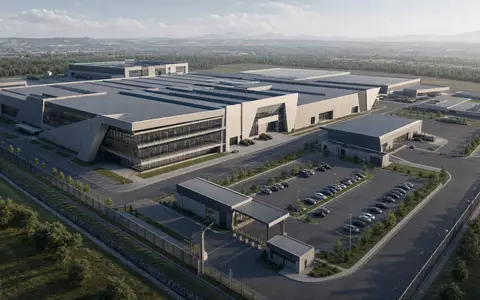 Northrop Grumman US6668071029 präsentiert ein modernes Architektur-Rendering eines weitläufigen Rüstungswerks mit Sicherheitszaun und Parkplätzen - Foto: THN
