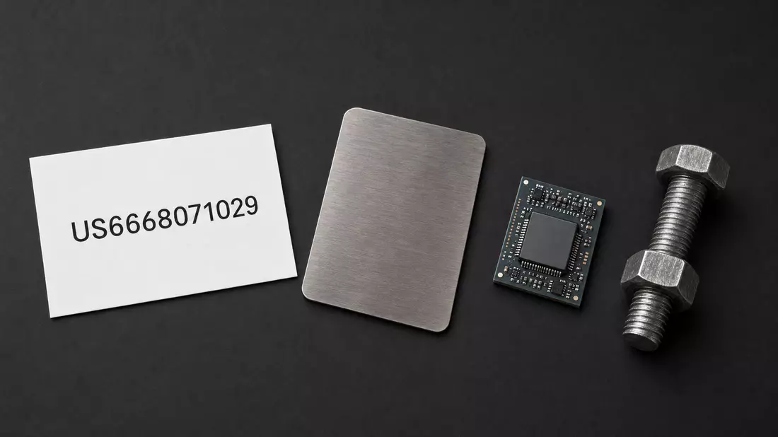 Flatlay mit ISIN-Karte, Titanplatte, Chip und Metallmutter auf dunklem Hintergrund