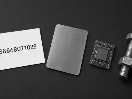 Northrop Grumman US6668071029 zeigt Flatlay mit ISIN-Karte, Titanplatte, Mikrochip und Metallschraube auf dunklem Untergrund - Foto: THN