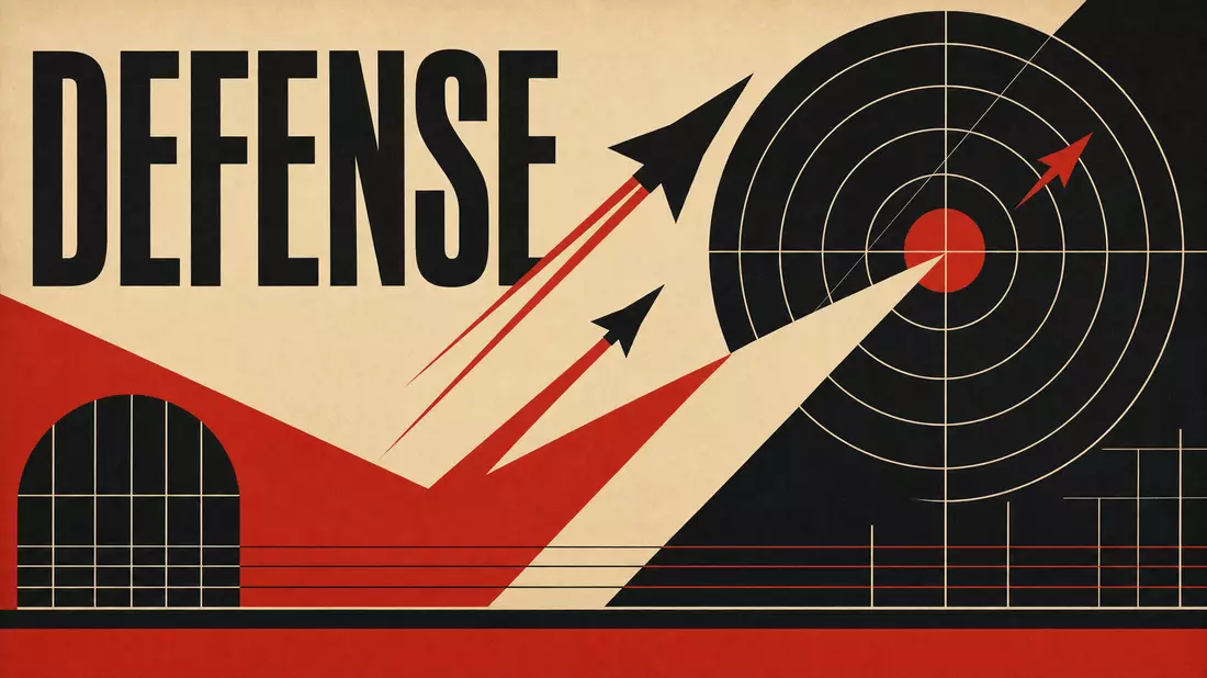 Bauhaus-Poster mit geometrischen Formen, Radarkreisen und Schriftzug DEFENSE