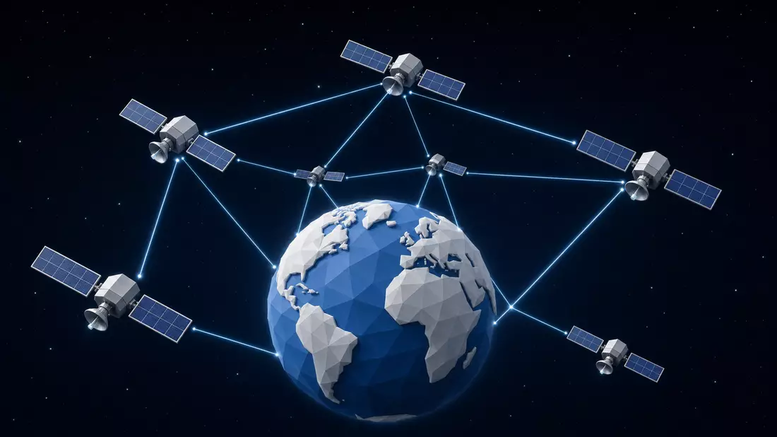 Isometrische 3D-Grafik eines Satellitennetzwerks über einem stilisierten Globus