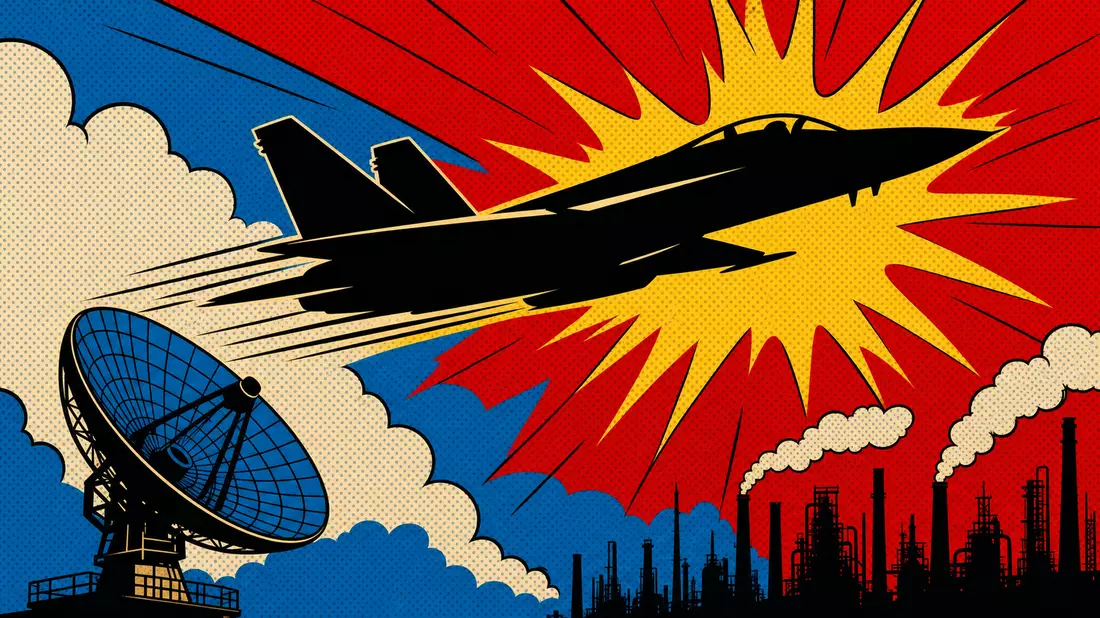 Pop-Art-Comicbild mit Jet, Radarschüssel und Industrie-Silhouette im Hintergrund