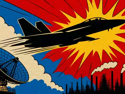 Northrop Grumman US6668071029 illustriert ein farbenfrohes Pop-Art-Comic mit fliegendem Jet, Radarschüssel und industrieller Fabriksilhouette - Foto: THN