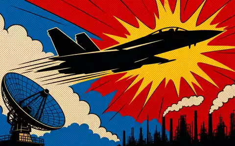 Northrop Grumman US6668071029 illustriert ein farbenfrohes Pop-Art-Comic mit fliegendem Jet, Radarschüssel und industrieller Fabriksilhouette - Foto: THN