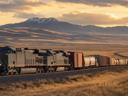 Norfolk Southern Corp. (US6558441084): fotorealistischer Güterzug durchquert weite US-Landschaft im goldenen Abendlicht heute - Foto: THN