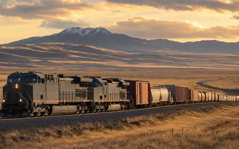 Norfolk Southern Corp. (US6558441084): fotorealistischer Güterzug durchquert weite US-Landschaft im goldenen Abendlicht heute - Foto: THN