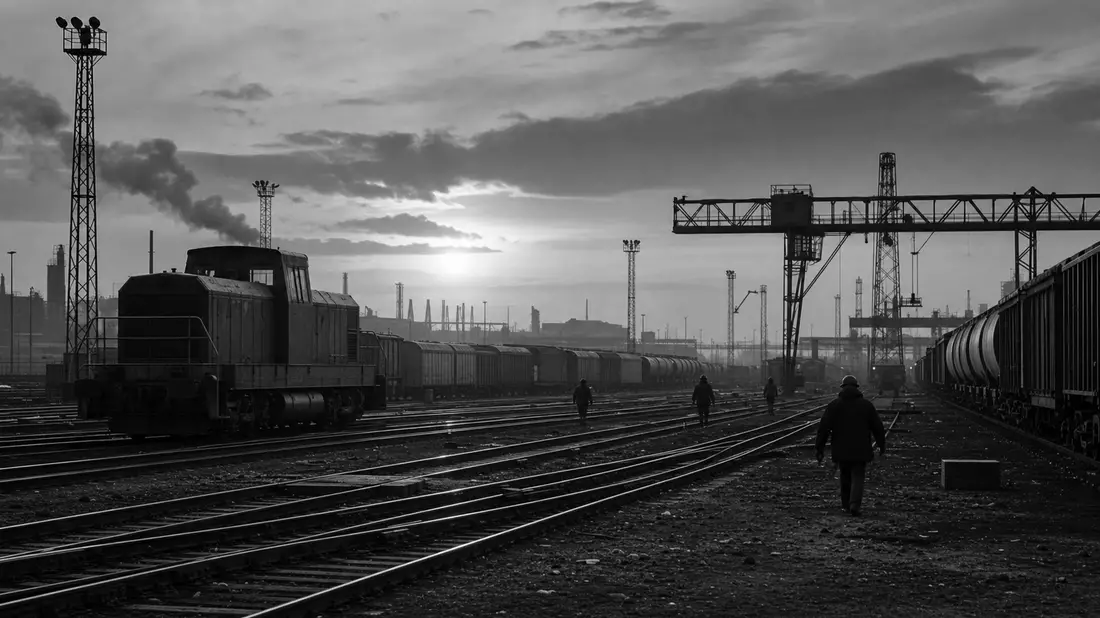 Schwarz-weiße Reportagefotografie eines industriellen Rangierbahnhofs in der Dämmerung