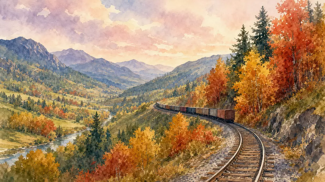 Aquarellmalerei einer kurvigen Eisenbahnstrecke durch ein herbstliches grünes Tal