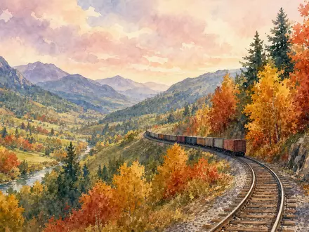 Norfolk Southern Corp. (US6558441084): zartes Aquarellbild einer kurvigen Bahntrasse durch herbstliches Tal mit Güterzug - Foto: THN