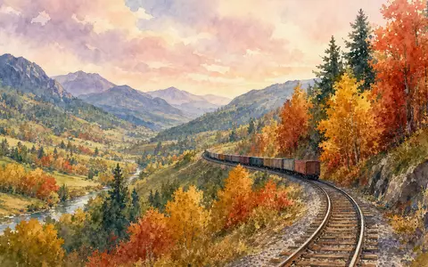 Norfolk Southern Corp. (US6558441084): zartes Aquarellbild einer kurvigen Bahntrasse durch herbstliches Tal mit Güterzug - Foto: THN