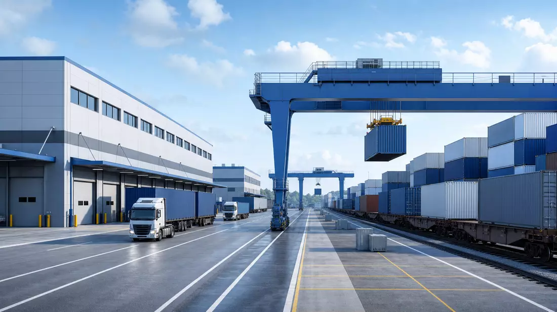 Architektonisches 3D-Rendering eines modernen Fracht-Umschlagterminals mit Containern und Kränen