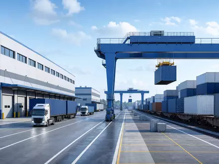 Norfolk Southern Corp. (US6558441084): modernes Architektur-Rendering eines groĂen Intermodal-Umschlagterminals mit gestapelten Containern und KrĂ€nen - Foto: THN