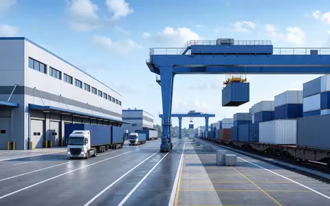 Norfolk Southern Corp. (US6558441084): modernes Architektur-Rendering eines großen Intermodal-Umschlagterminals mit gestapelten Containern und Kränen - Foto: THN