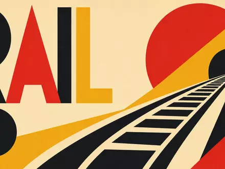 Norfolk Southern Corp. (US6558441084): Bauhaus-Poster mit geometrischen Formen, Schienenmotiv und dem Wort RAIL - Foto: THN