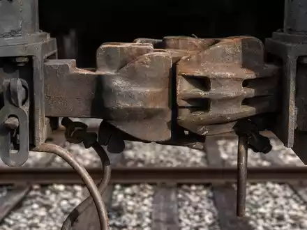 Norfolk Southern Corp. (US6558441084): extreme Makroaufnahme einer verwitterten Kupplung zwischen zwei Güterwaggons auf Schiene - Foto: THN