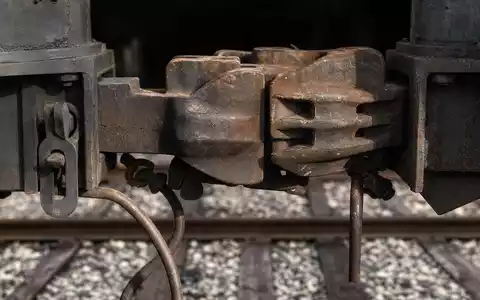 Norfolk Southern Corp. (US6558441084): extreme Makroaufnahme einer verwitterten Kupplung zwischen zwei Güterwaggons auf Schiene - Foto: THN