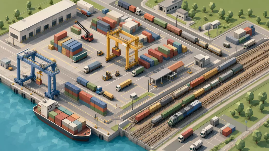 Isometrische 3D-Illustration eines Intermodal-Frachtterminals mit Containern und Zügen